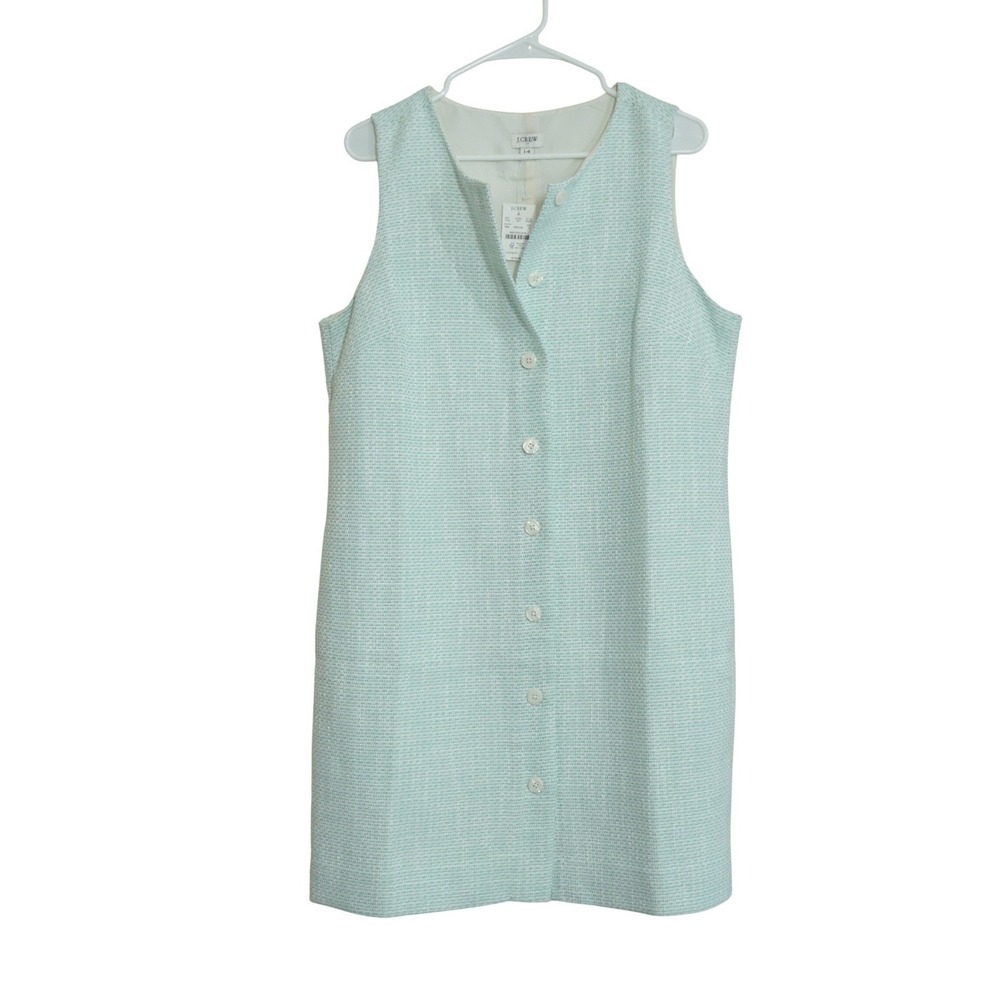 J. Crew Mint Green Tweed Button Front Shift Dress Women's 14 NWT Preppy Chic